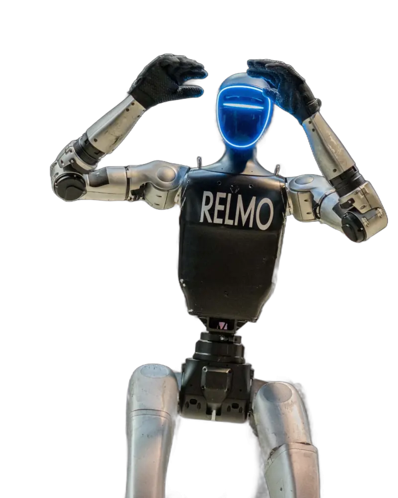 RELMO, humanoïde robot voor events en beurzen, met oplichtend blauw gezicht